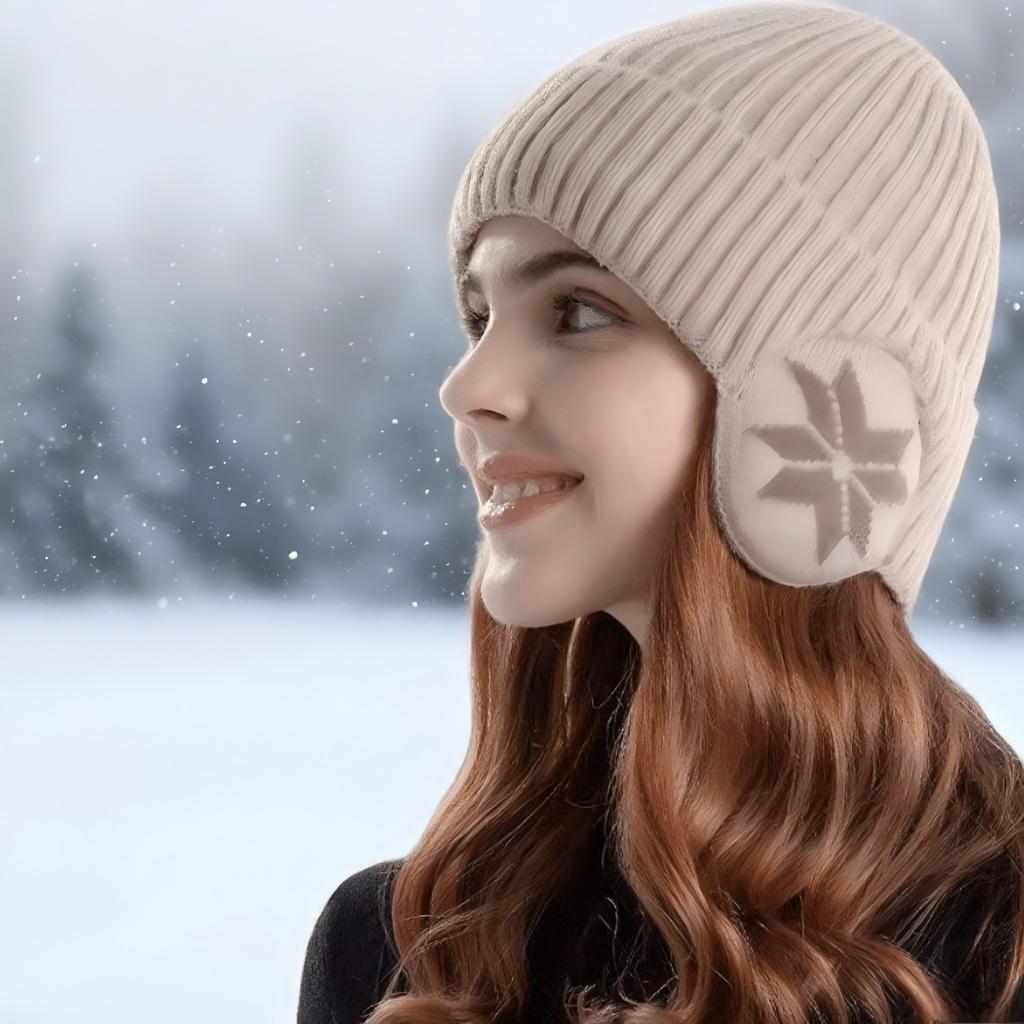 Unisex Winter Knit Hat with Detachable Ear Flaps Windproof Warm Snowflake Pattern Beanie
