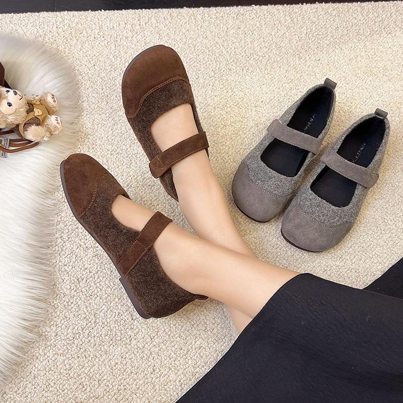 Fashion Spliced Suede Strap Anti-slip Wear-resistant Flats New Round Toe Soft Sole Single Shoes for Autumn
