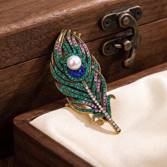 Feather Design Pin Vintage Peacock Brooch, Faux Pearl Rhinstone Lapel Retro Jewelry Pin, Clothing Accessories for Wedding Party Prom