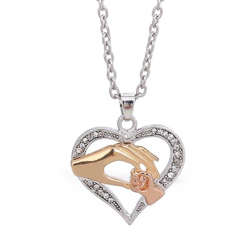 Mother's Day Mom Hold Kids Children Hand Love Heart Pendant Chain Necklace