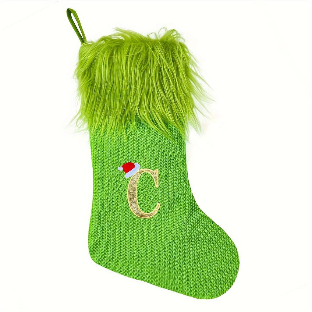 1pc Green Christmas Stocking with Velvet Cuff and Embroidered Initial Holiday Mantel Decoration, Christmas and New Year Gift Bag