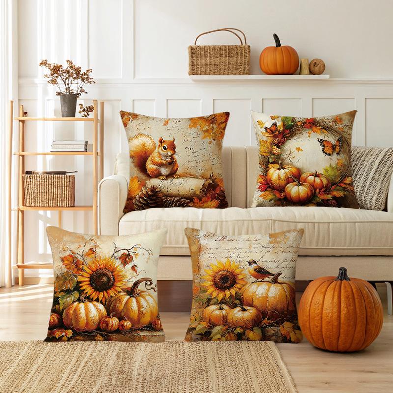 1pc Retro Oil Painting Cushion Cover Fall Themed with Rabbit Pumpkin Sunflowers Pattern for Autumn House Decoration