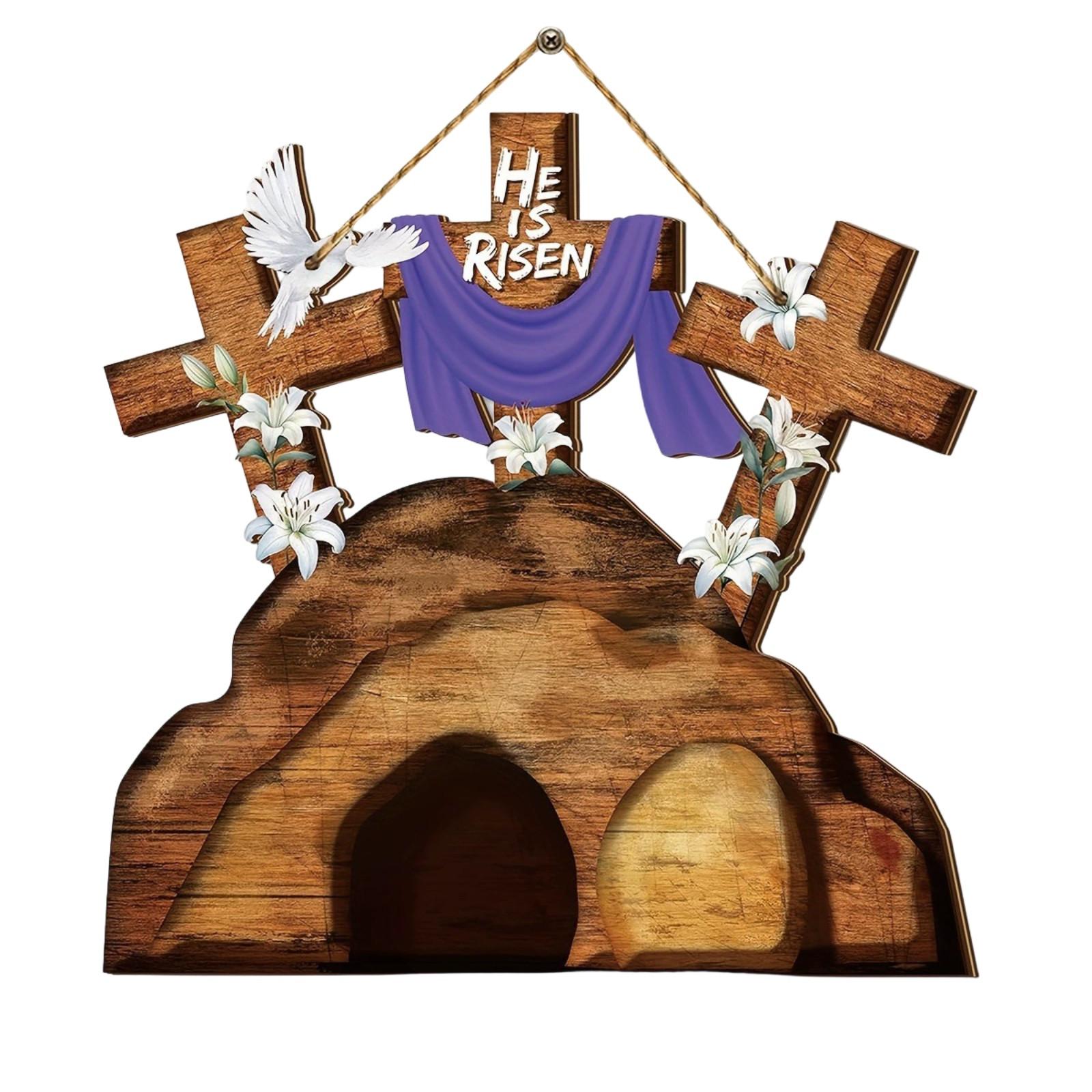 

Пасхальный крест, дверной знак, настенный декор, Он воскрес, украшения, религиозная деревянная вешалка для входной двери, крыльца, дома, в помещении, на улице, на весенней стене, фронтонах One Size
