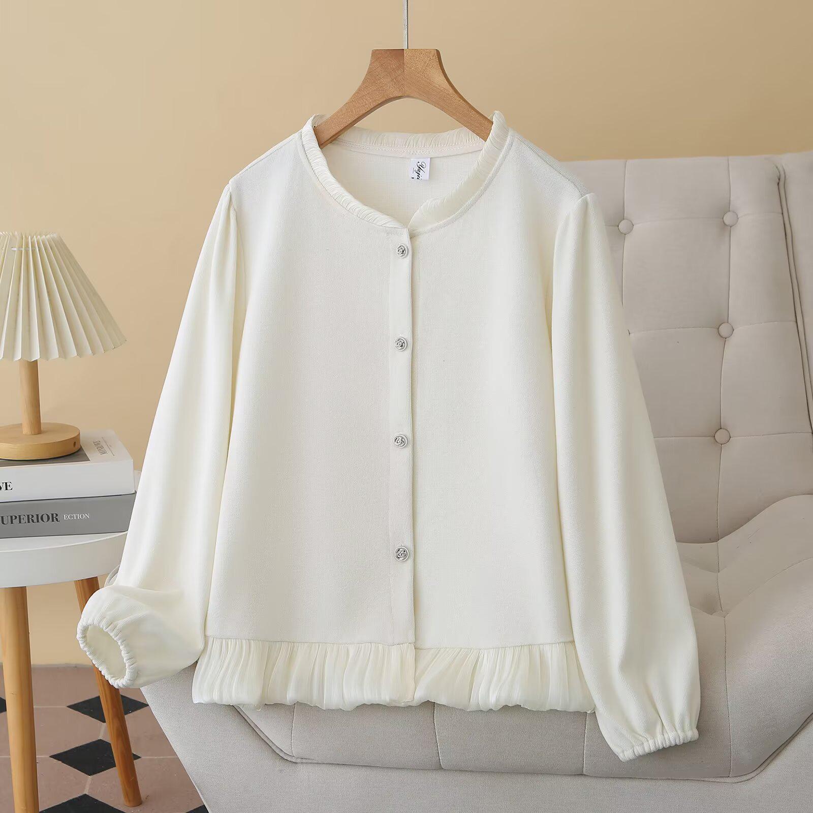 2026 Spring Women s Plus-Size Lace Collar Cardigan with Ruffle Hem and Patchwork Long Sleeves XL