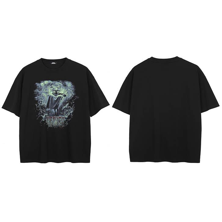 Hip Hop Faded Black TShirt Streetwear Scary Cartoon Graphic T Shirt Gothic Style Printed Men Tshirt  Cotton Tops Tees