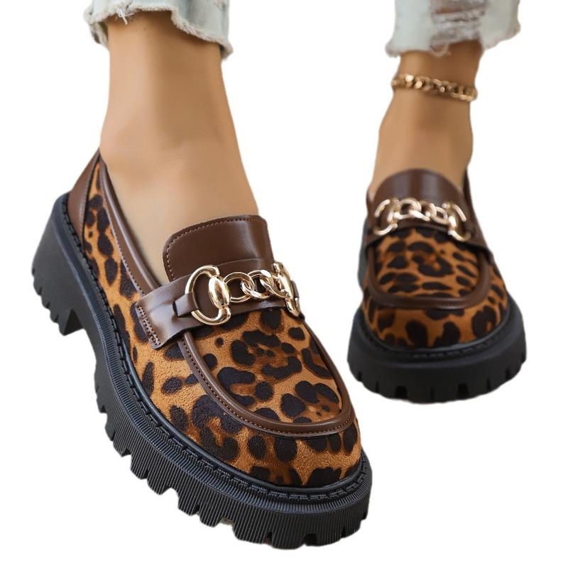 Leopardenmuster Einzelne Schuhe für Damen Frühling und Herbst neu Retro vielseitig runde Zehenpartie Metallschnalle dicke Sohle Übergröße Damen