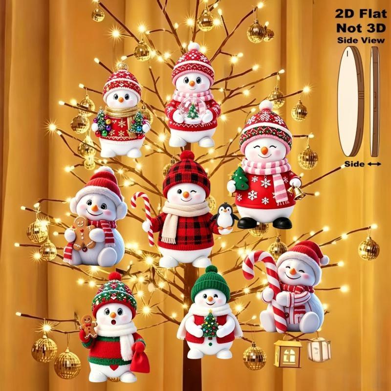 8Pcs 2D Cute Christmas Snowman Pendants Wood Cartoon Xmas Tree Hanging Ornament Diy Home New Year Party Atmosphere Decor Supply