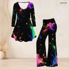 Women Plus Size V Neck Three Quarter Sleeve Printed Flared Top And Flared Pants Two Piece Set