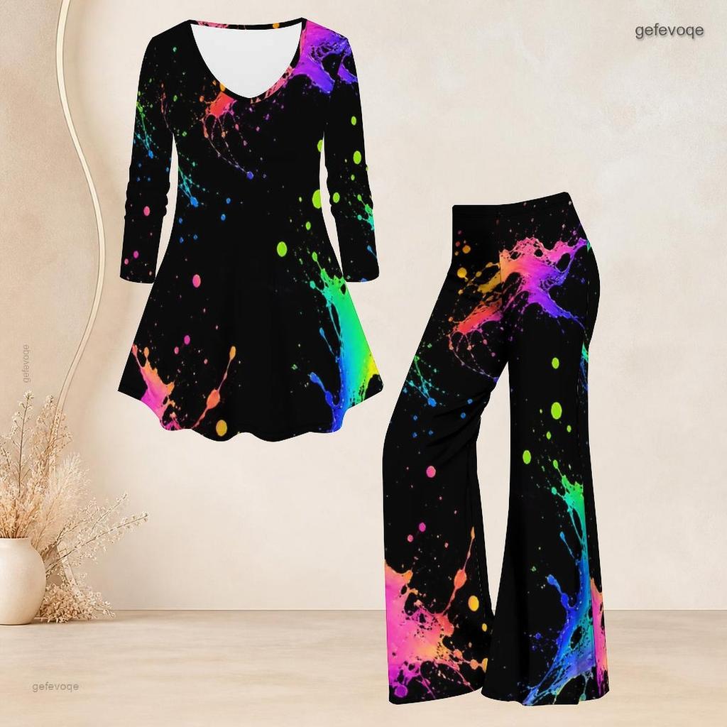 Women Plus Size V Neck Three Quarter Sleeve Printed Flared Top And Flared Pants Two Piece Set