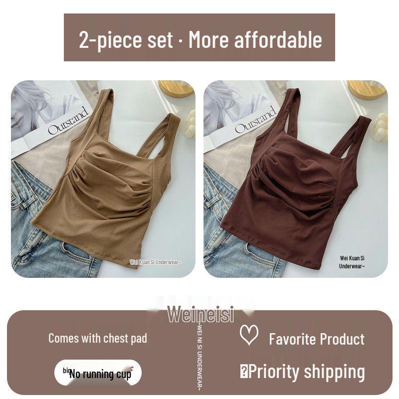 Korean Ruffled Spaghetti Strap Women's Tank with Chest Pads - Sexy Backless Slimming Base Layer