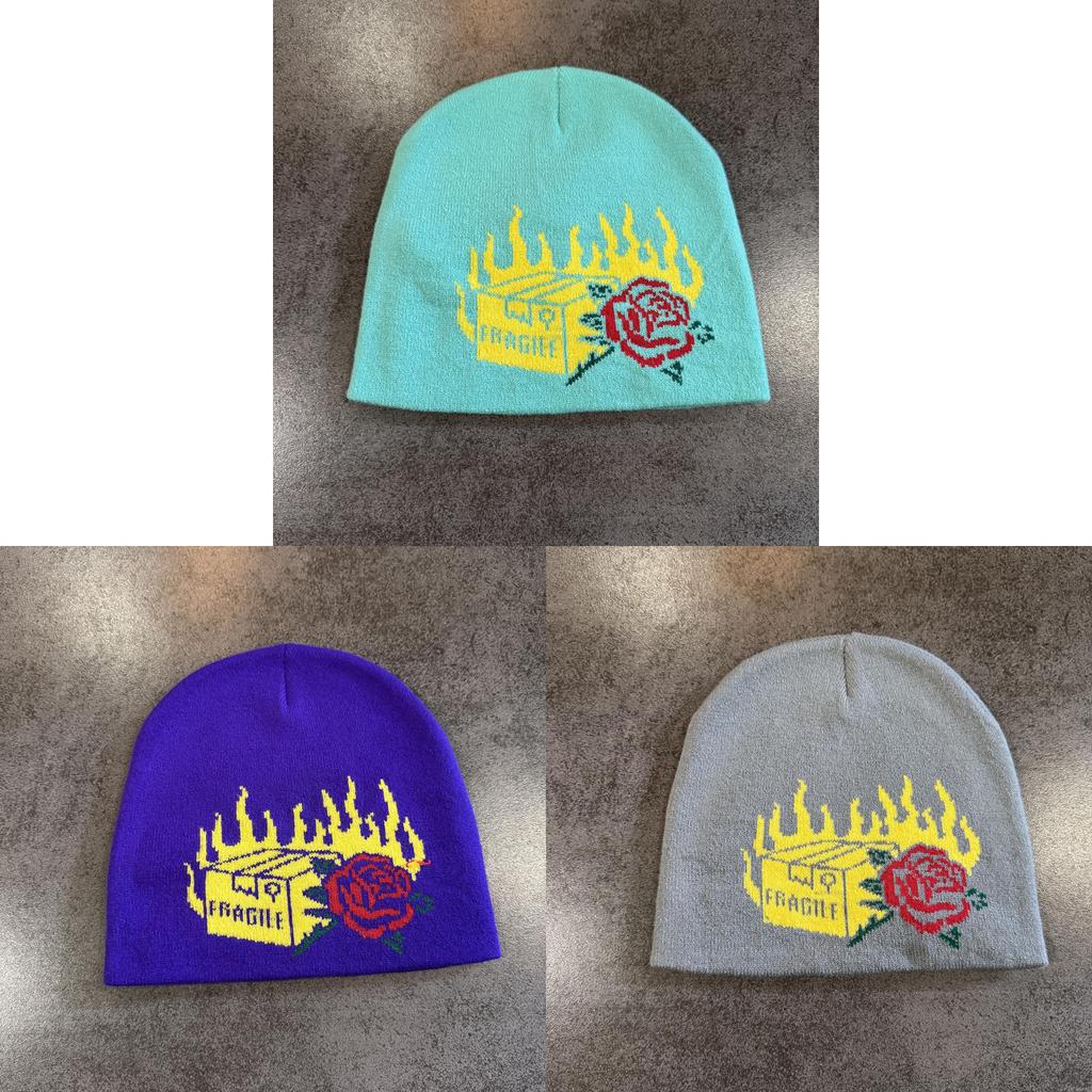 Knit Halloween Party Beanie With Flame Rose Pattern For Winter Outdoor Cycling