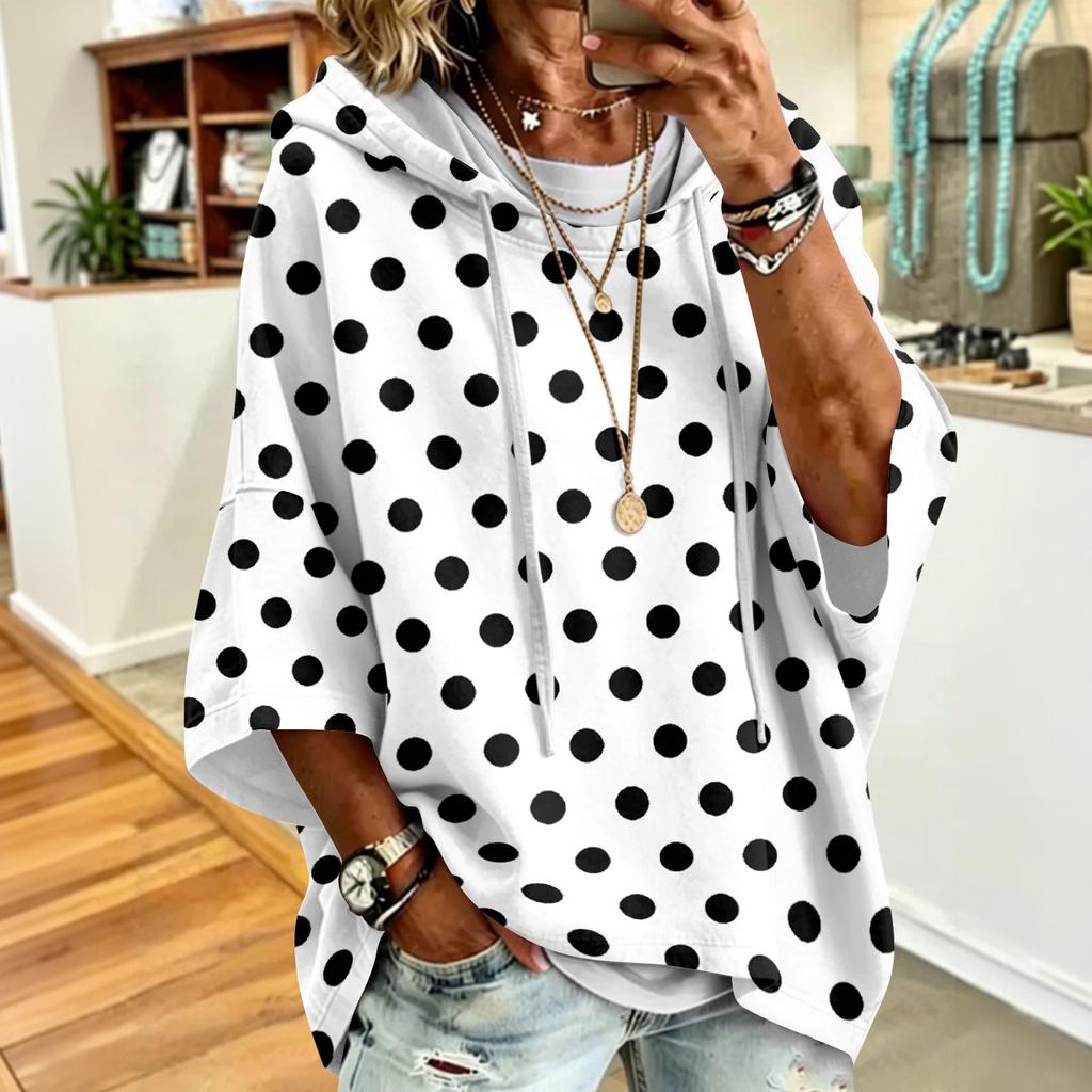 Women's Polka Dot Print Drawstring Hooded Sweatshirt Loose Fit Casual Top