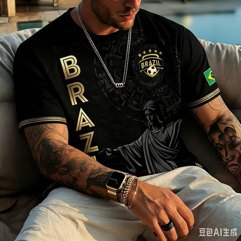 2026 Estate Brasile Rio Landmark Grafico Te Donna Stile Vintage Nero Oro Manica Corta Top Casual per Tifosi di Calcio Uso Quotidiano