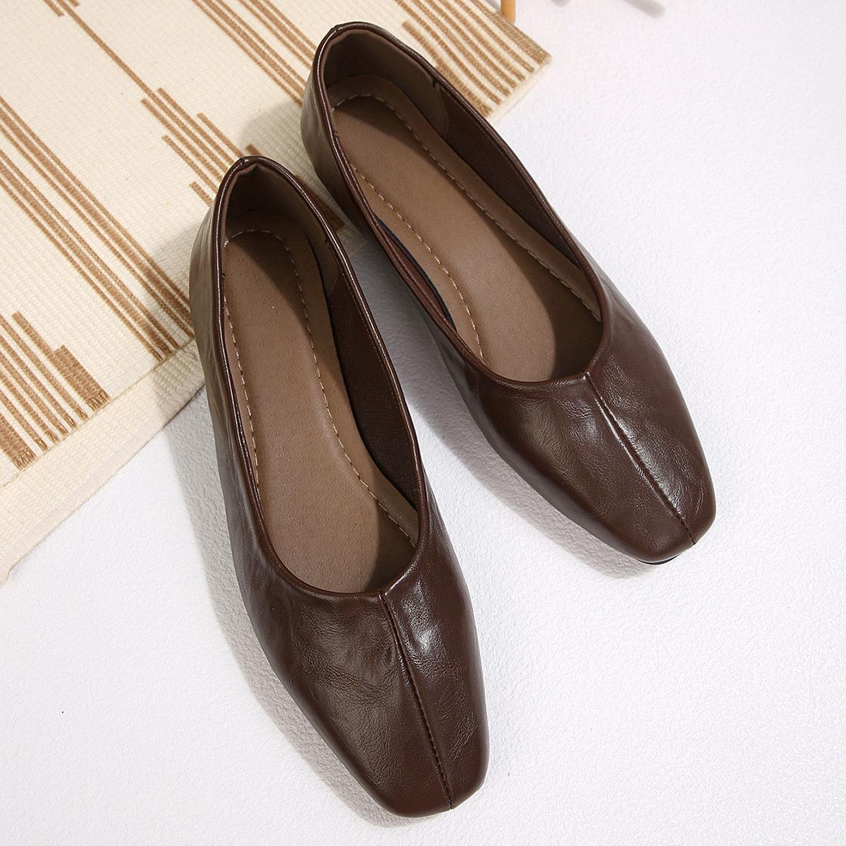 Square Toe Soft Leather Flat Sole Shoes For Women 35