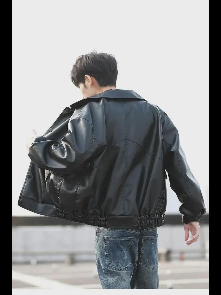Trendige Herren-Motorrad-Pilotenjacke aus Leder im koreanischen Stil – lockere Passform, Frühlings-/Herbstmode