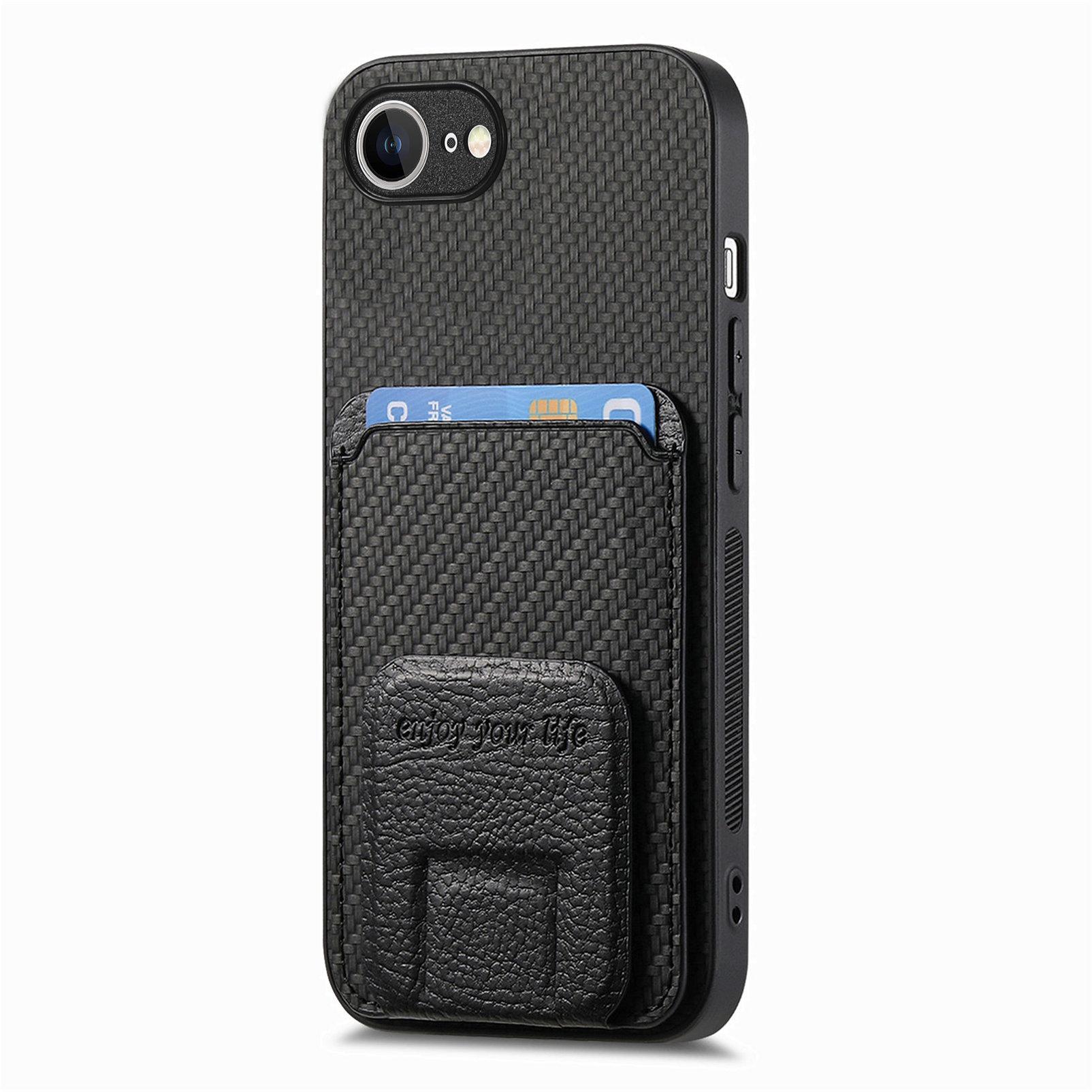 

For iPhone 16e Case Card Holder Carbon Fiber Texture Leather Coated TPU Phone Cover Brown