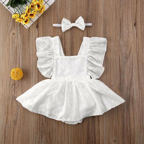 Baby Girls Ruffle Romper Dress, Sleeveless Lace Solid Color Summer Tutu Bodysuit+Bowknot Headband