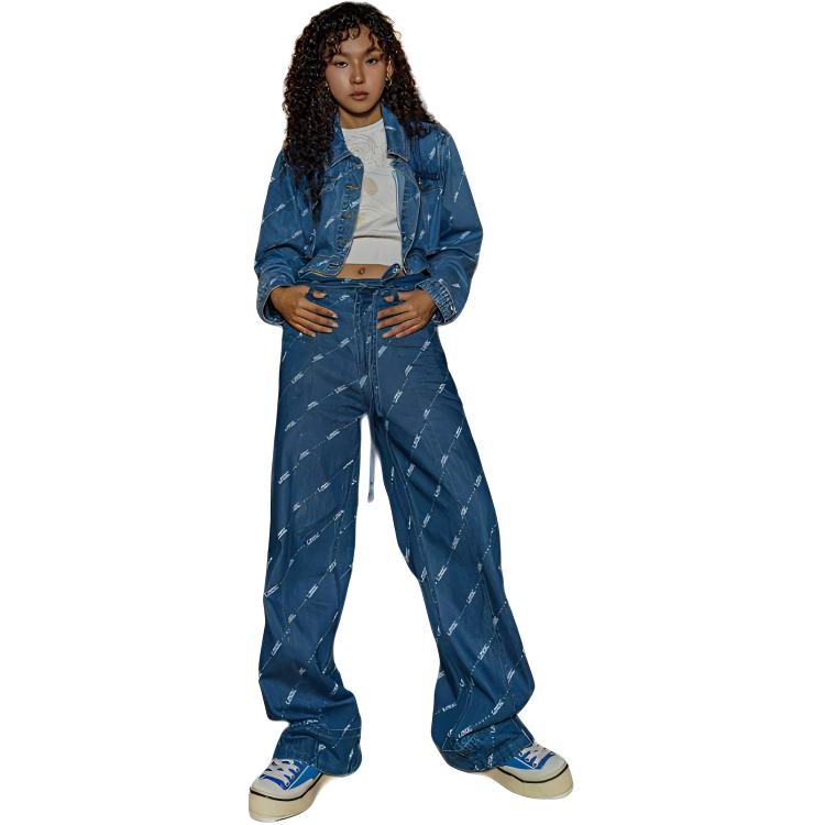 Li Ning Logo All Over Print Single Button Washable Denim Jacket Women Jacket Blue AJDT060-1