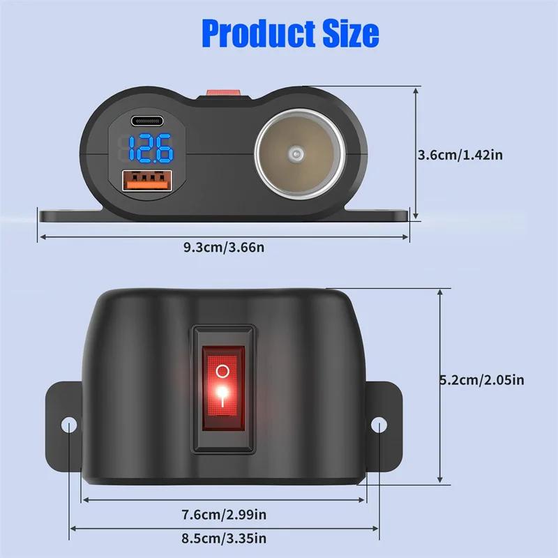 Car Phone Charger Adapter PD QC3.0 Socket 120W Cigarette Lighter Power Adapter Fast Charging 12/24V with Voltmeter On/off Switch