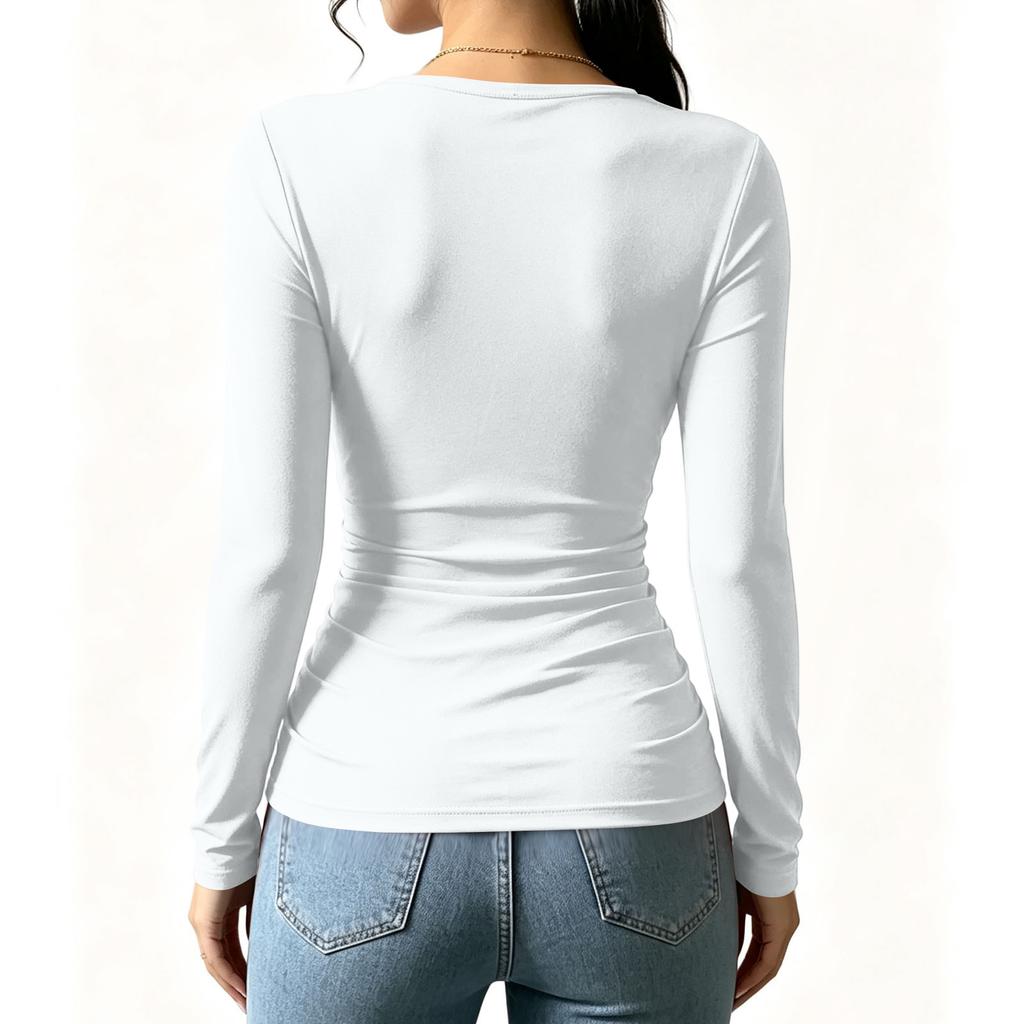 Damen Langarm V-Ausschnitt Bluse mit Kreuzfront und geraffter Taille für Herbst Winter