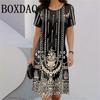 Damen Neues Kleid 3D Gedruckt Kurzarm Mittellanges Kleid Mode Sommer Herbst Rundhalsausschnitt Locker Vintage Kleid Elegante Damenbekleidung