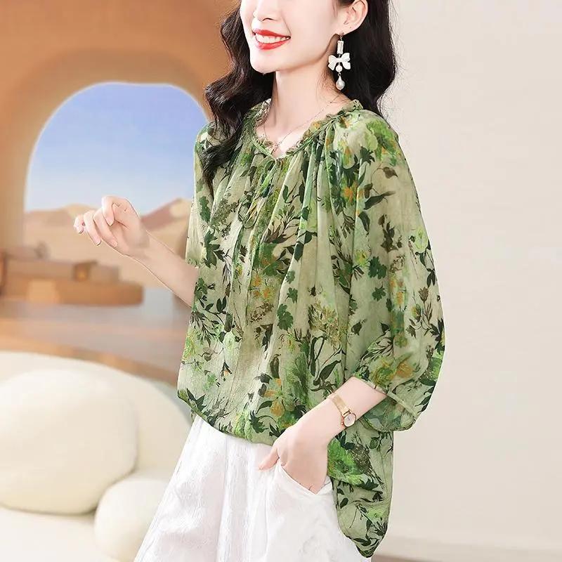 Summer Women's Elegant Floral Chiffon Shirt Lightweight Thin Chic Loose Blouse