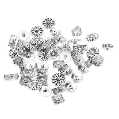 50pcs Square Shape Flower Buttons Antique Silver Engraved Buttons Metal Buttons  For DIY Projects