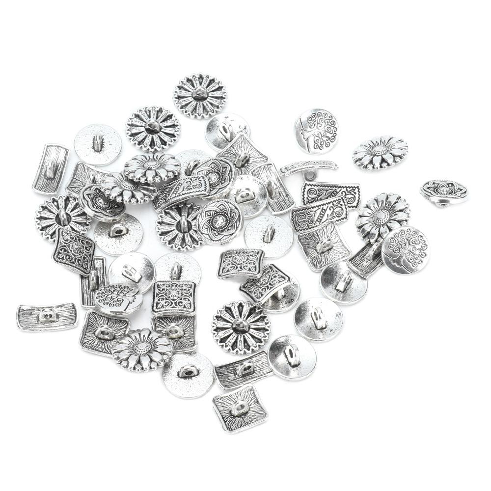 50pcs Antique Silver Flower Buttons Round Shape Engraved Buttons Metal Buttons For DIY Projects