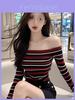 Tshirt Oversize Oneword Collar Long Sleeve With Embroidery For Spring Style