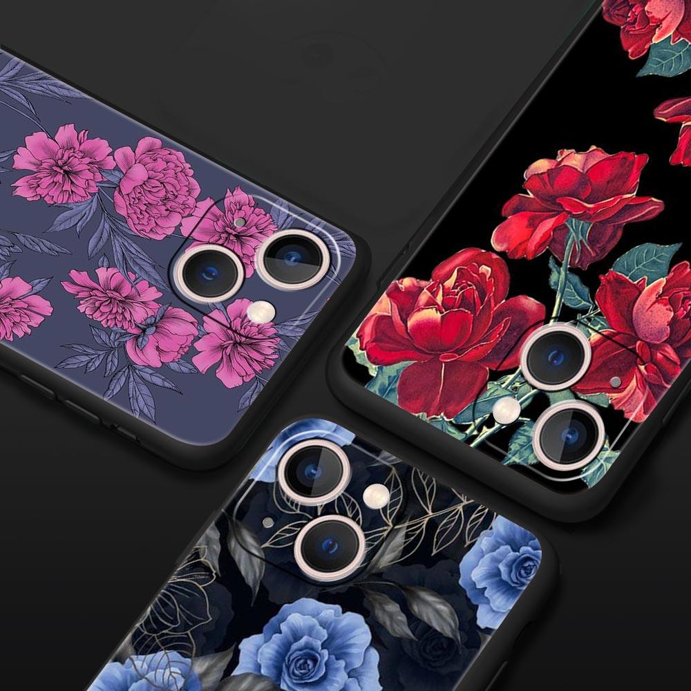 flower 12 Luxury Phone Case For iPhone 13 15 14 12 Mini 11 Pro MAX XR X SE XS 7 8 Plus Silicone Black Protection Cover