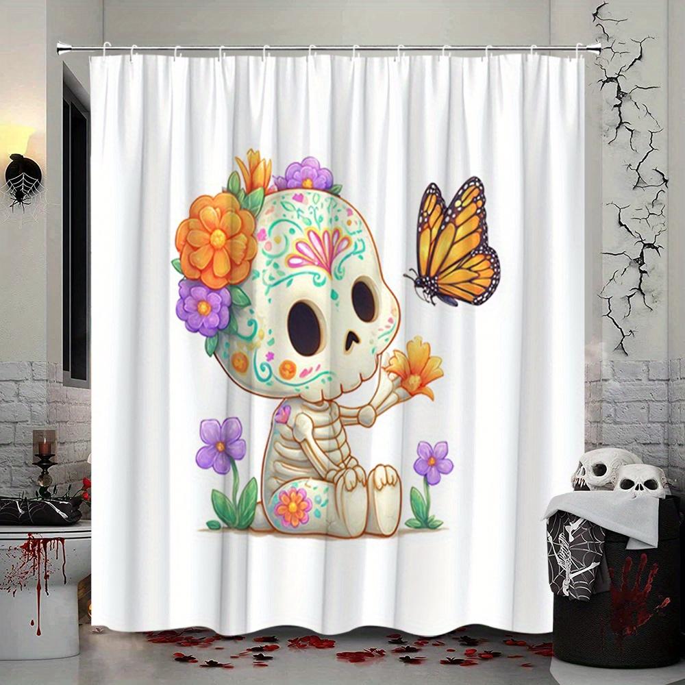 Colorful Calavera Skull Shower Curtain Day of the Dead Boho Floral Butterfly Art Bathroom Liner Decoration Curtain Decor