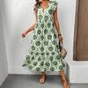 Vacation Elegant Retro Style Women's Dress with Ruffled Small Flying Sleeves and Geometric Print