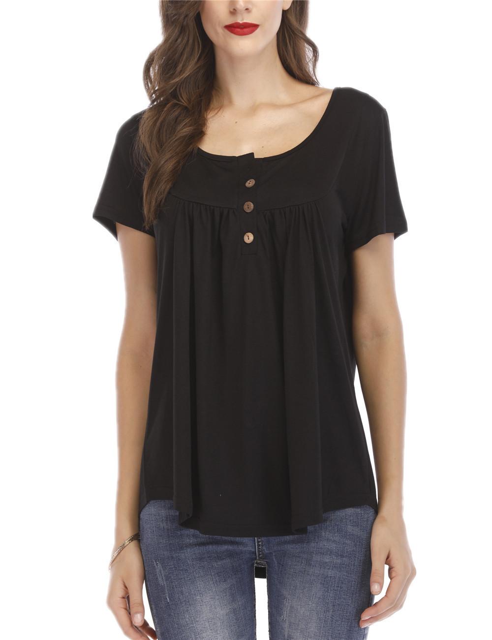 2025 Foreign Trade Bestselling European and American Cross-border Women s Clothing: Pleated Button Loose Short-Sleeve T-Shirt Available Exclusively S чёрный