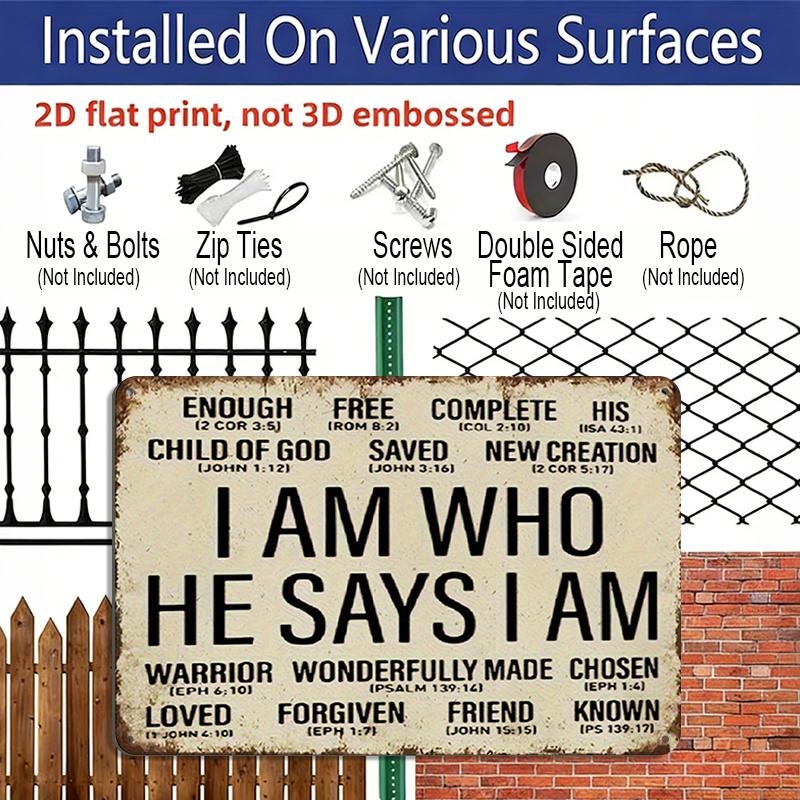 2D Flat Christian Metal Wall Decor Plaque - "I Am Who He Says I Am" with Bible Verse - Vintage Style Home Office Bedroom Decoration - Durable