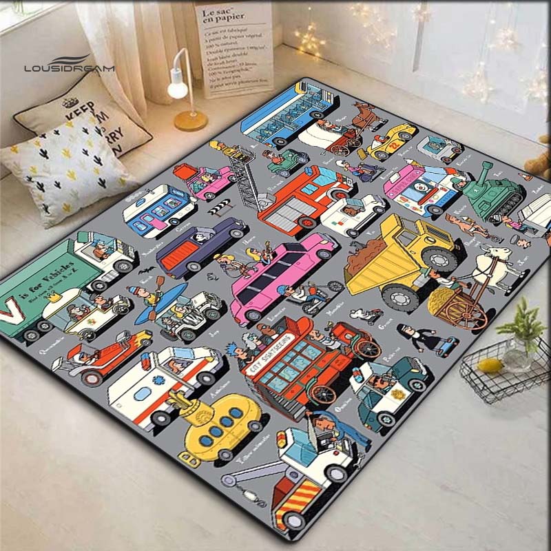 Cartoon Emergency Vehicles Kids Rug, Non-Slip Floor Mat with Police Bear, Ambulance & Fire Truck Print, Educational Carpet for Playroom 40x60cm( 15x23in )