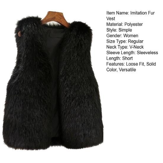 Women Imitation Fur Vest V-neck Sleeveless Open Front Plush Texture Solid Color Waistcoat Winter Thickened Vest Coat