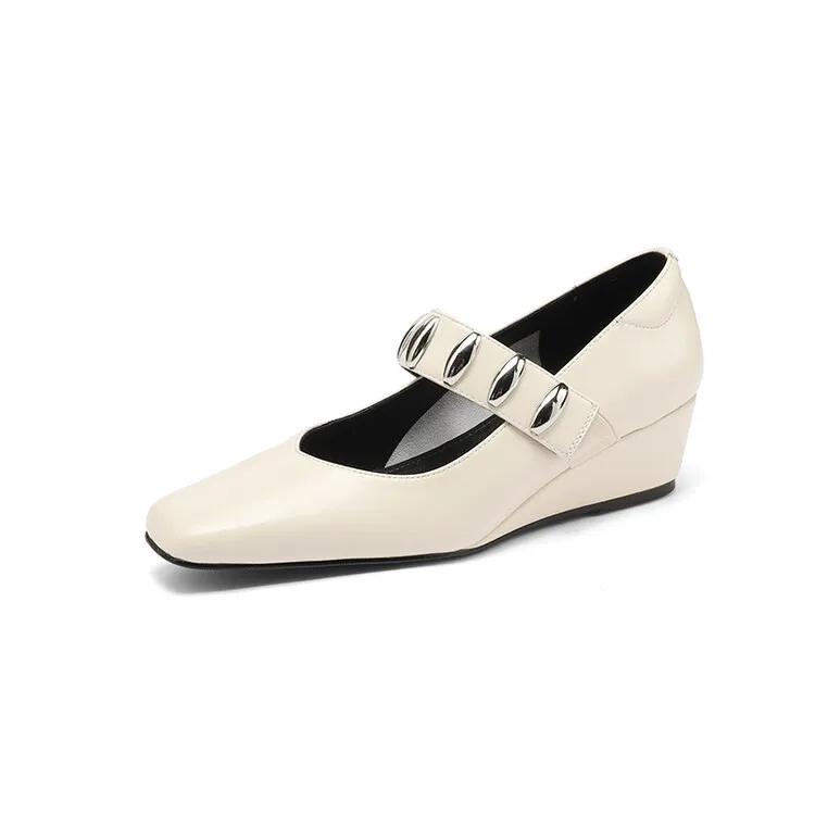 Fashion Cowhide Black Silver Metal Decorative Wedge Heel High-heeled Shoes Spring Autumn Fashion Commute Ballet Soft Flat Single Shoes