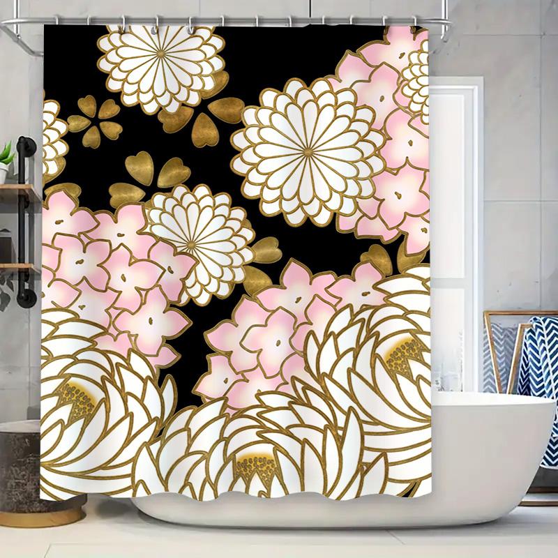 

Luxury Floral Shower Curtain Set Black Gold, Pink White Waterfall Print Bath Mat Decor For Bathroom Home Decoration Accessories W60H190(CM)-1 Pcs