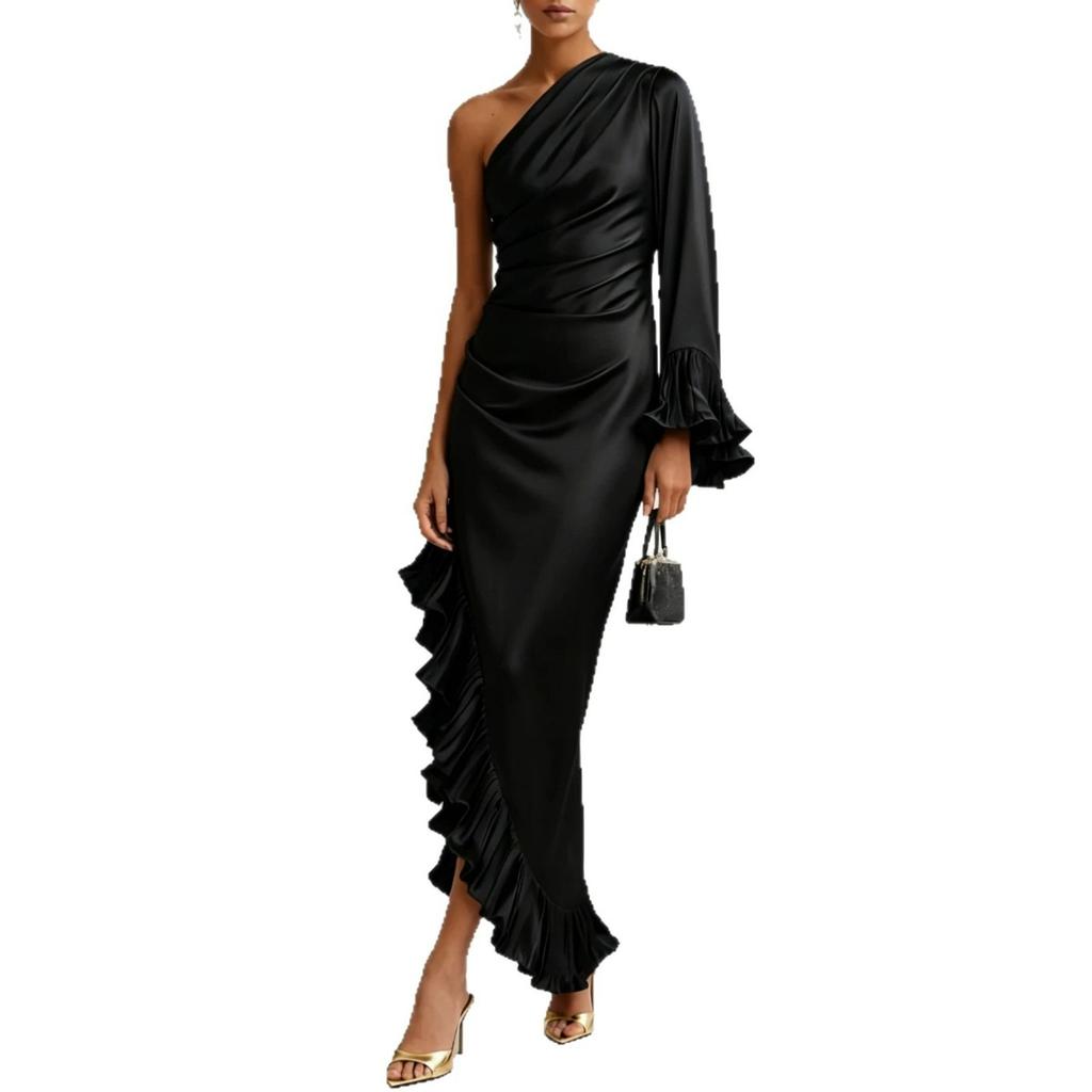 2026 One Shoulder Satin Midi Evening Dress, Ruched Asymmetrical Ruffle Cocktail Gown, 100% Polyester S-2XL