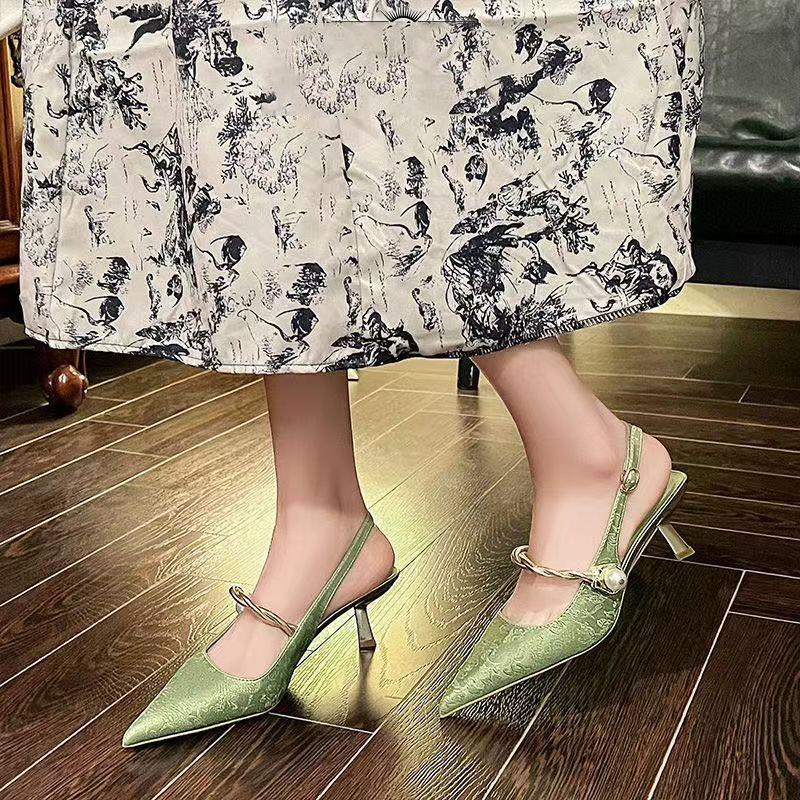 New Chinese-style National Shoes 2025 Summer New Single Shoes Lady Retro Mint Green High-heeled Sandals Temperament with Cheongsam