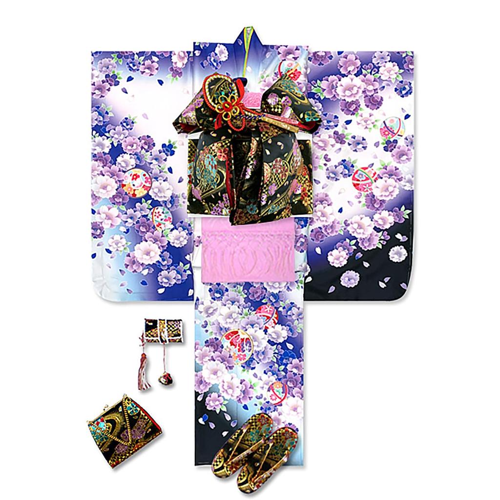 Muromachi 7 Years Old Kimono Golden Koma Fantastic Yotsumi Zori Full Set 753 x Blue Purple x Double Cherry Blossom [Kyoto st. ] Shichi-Go-San Girl's