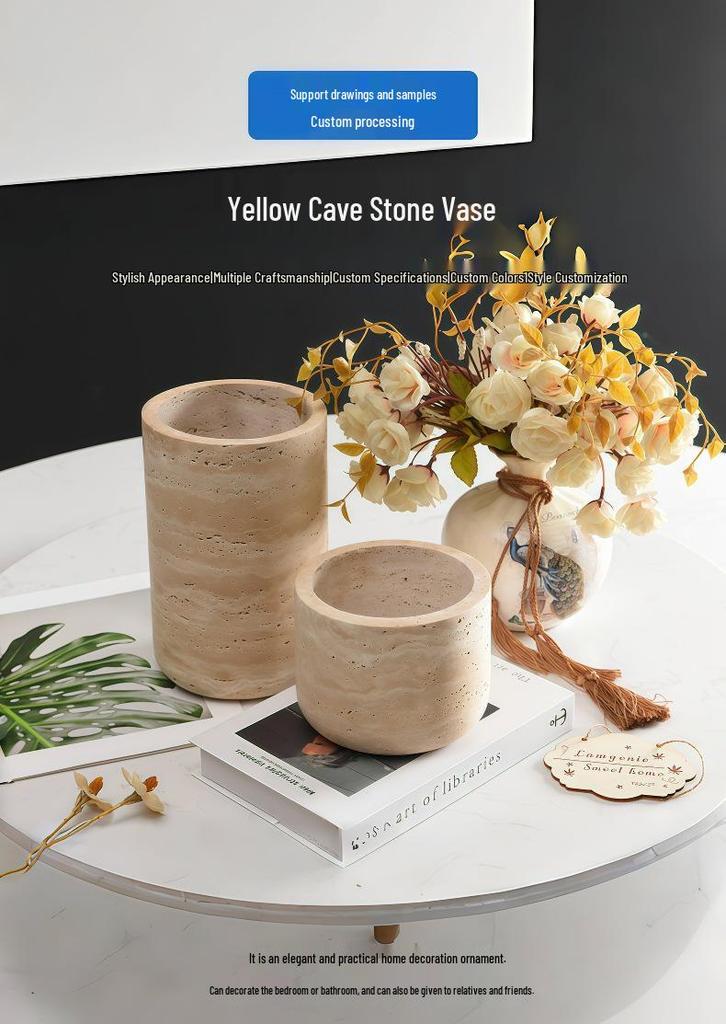 Natural Yellow Cave Stone Vase - Light Luxury Wabi-sabi Style Home Decor for Hotel Model Rooms