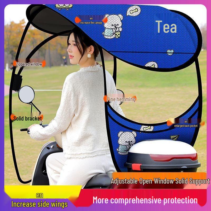 Detachable Electric Car & Motorcycle Umbrella: Rainproof & Windproof Sunshade Canopy with Quick Release, Cartoon Design