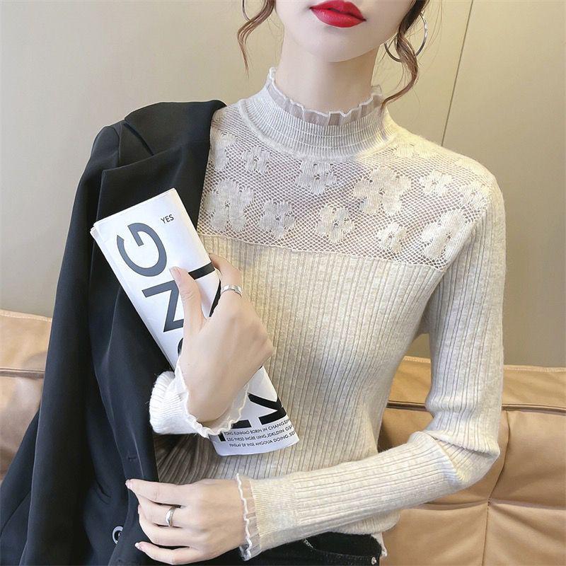 Lace Top Women's Fashion Knitted Pullover: Versatile Long Sleeve Sweater for Spring & Autumn 2025
