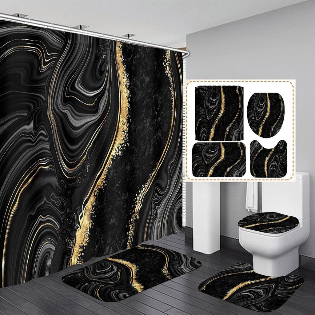 4Pcs Black Marble Shower Curtain Sets with Rugs Gold Bathroom Sets with Shower Curtain and Toilet Lid Cover Modern Bathroom Deco