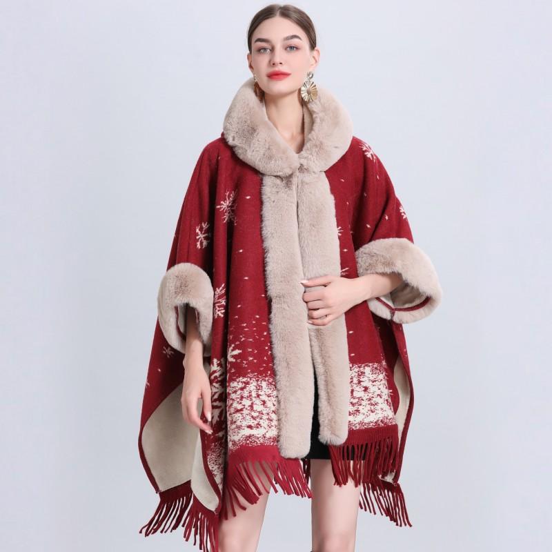 Womens Oversized Plaid Knit Cape Shawl With Fleece Lining Fur Trim Hooded Wrap Coat Winter