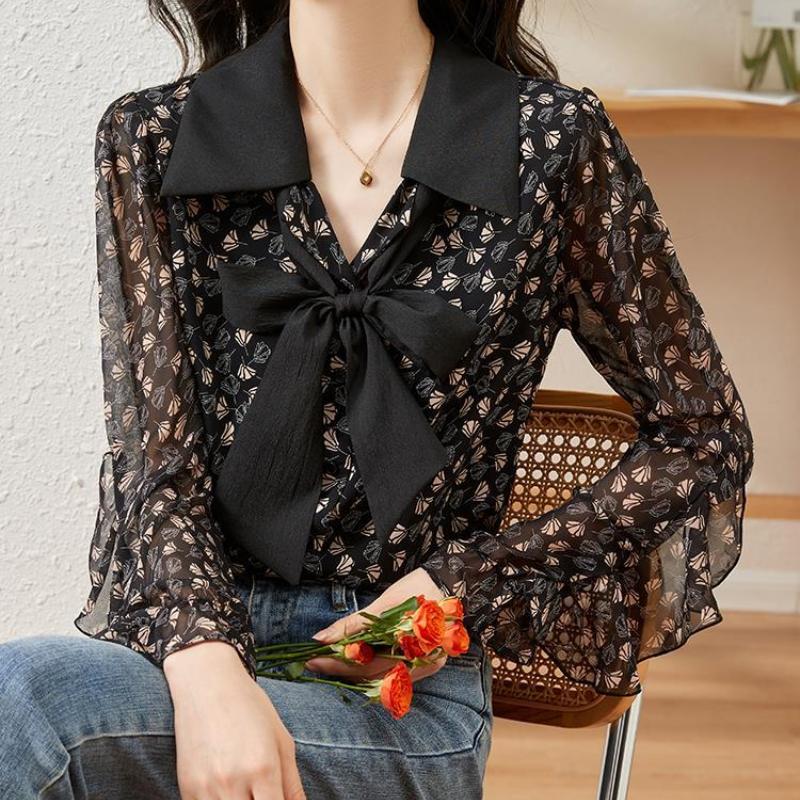 New Spring, Summer and Autumn Fashion Long-sleeved Blouse, Floral Chiffon Shirt, Ladies Chic Pretty Commuter Temperament Shirt