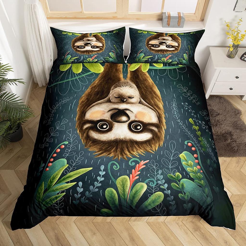 Cartoon Sloth Duvet Cover Set Cute Animals Bedding Sets For Boys Girls Funny Sloth Tropical Leaves Floral Nature Quilt Cover Set