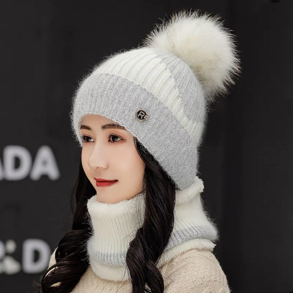 Damen-Wintermütze, warm halten, Mütze und Pelzgefüttert hinzufügen, Mütze und Schal-Set, warme Mützen für Damen, lässig, Kaninchenfell, Winter-Strickmütze