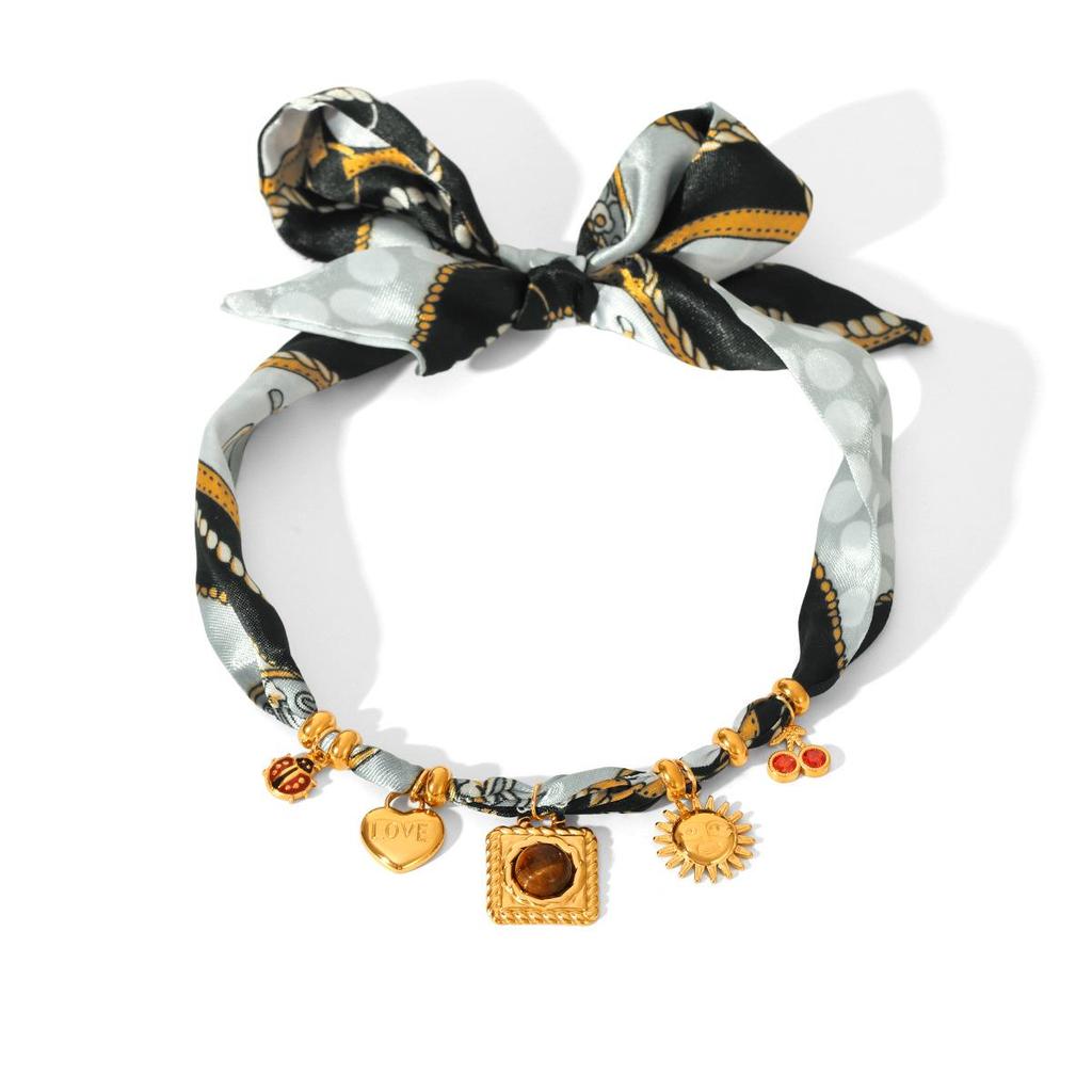 Stainless Steel Heart Pendant Jewelry Set with Tiger's Eye Vintage Necklace and Ribbon Chain Bracelet